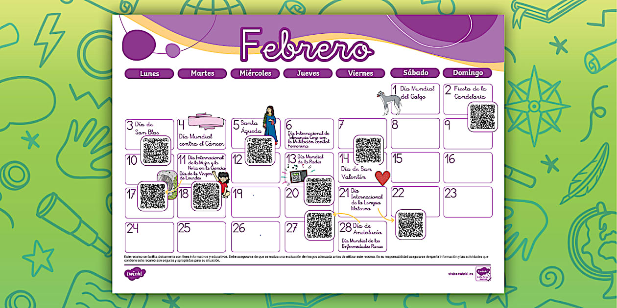 Calendario y eventos de febrero de 2025 (teacher made)