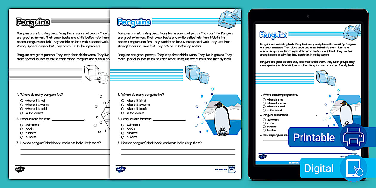 First grade penguins reading passage comprehension worksheet