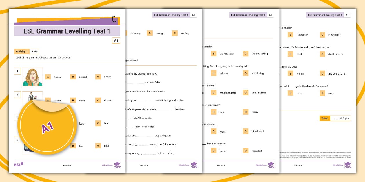 ESL Grammar Levelling Test 1 A1 (teacher made) Twinkl