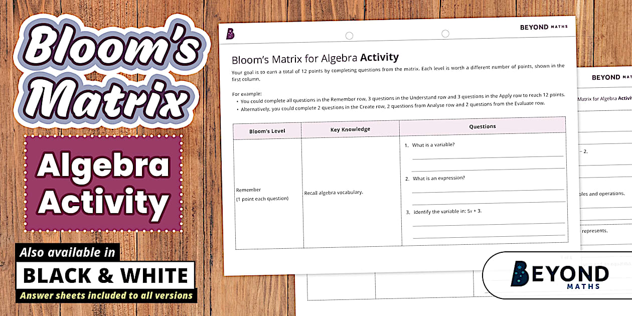 Bloom's Matrix for Algebra Activity