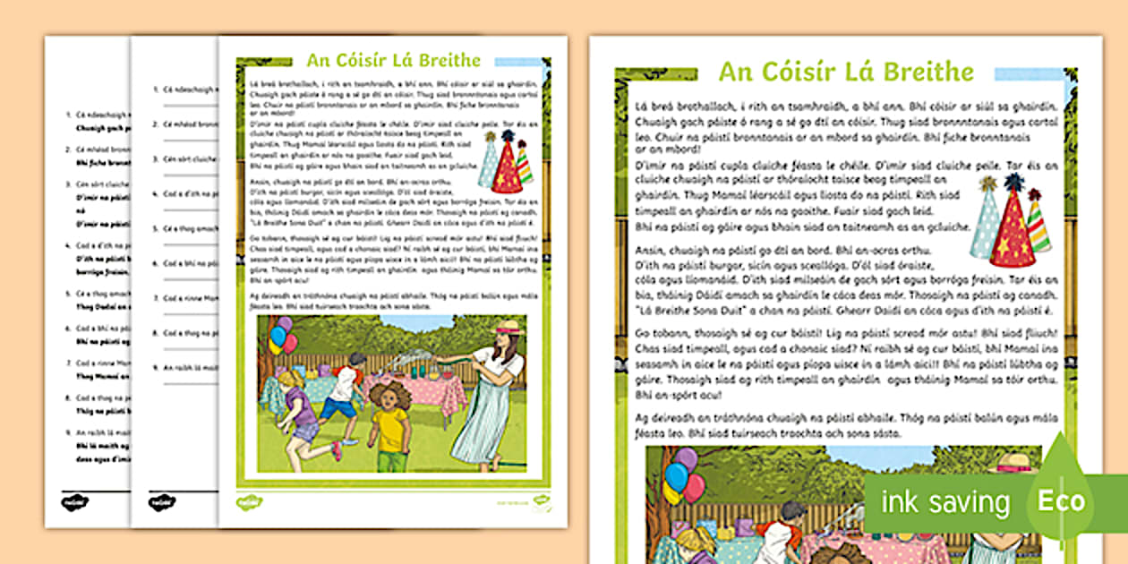 The Birthday Party Reading Comprehension Gaeilge - Twinkl