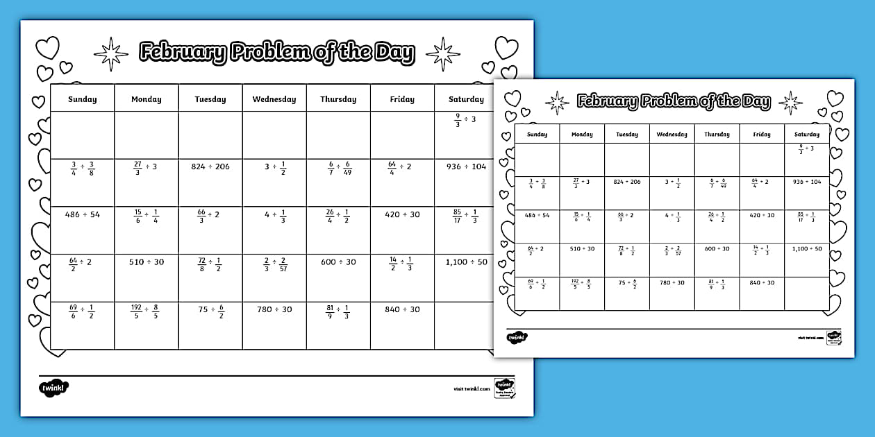 Sixth Grade 2025 Math Problem of the Day February Calendar