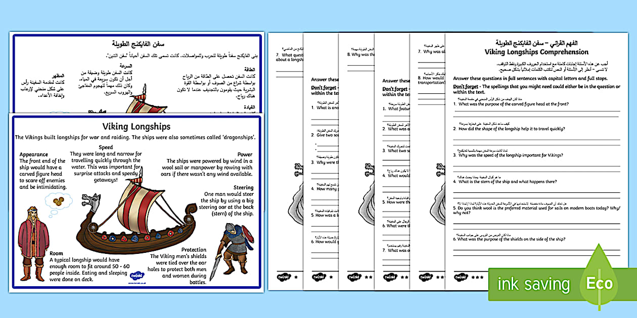 Viking Longships Differentiated Reading Comprehension Activity Arabic ...
