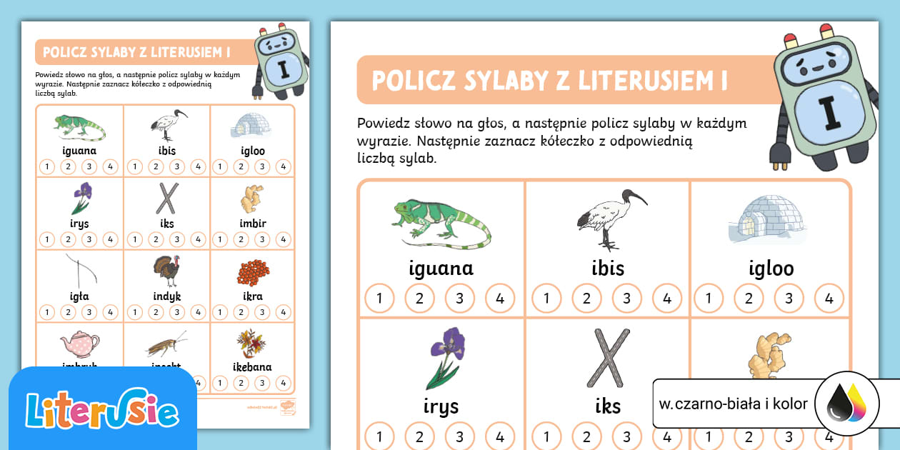 Literuś I | Policz sylaby w wyrazach na I | Karta pracy