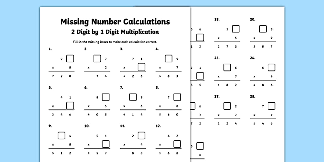 2 digits by 1 digit multiplication missing number sums