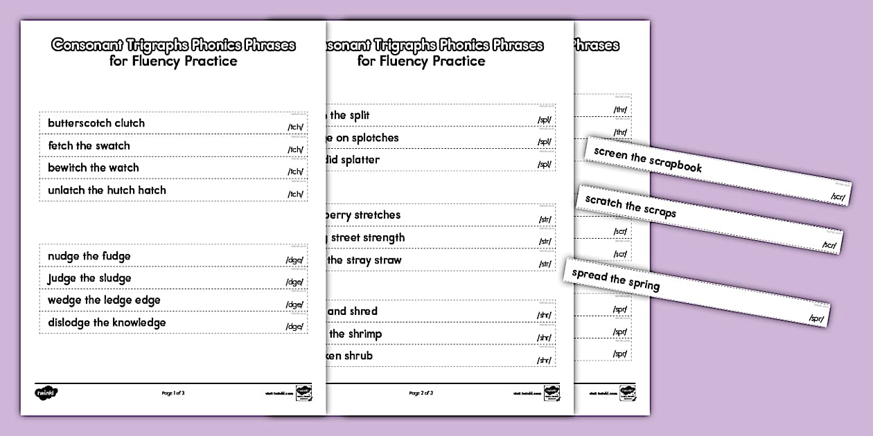 Consonant trigraphs phonics phrases for fluency practice