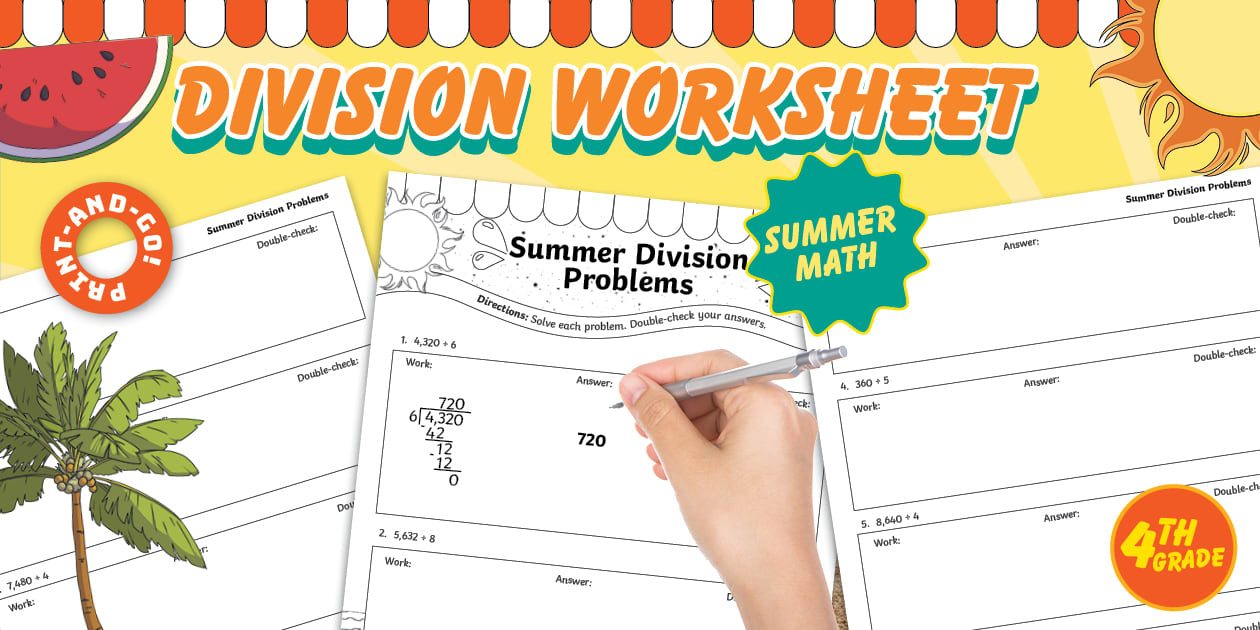 Fourth Grade Division Summer Worksheet (TeacherMade)