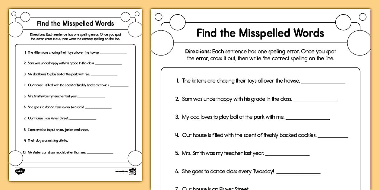 Second Grade Find the Misspelled Words Worksheet Twinkl
