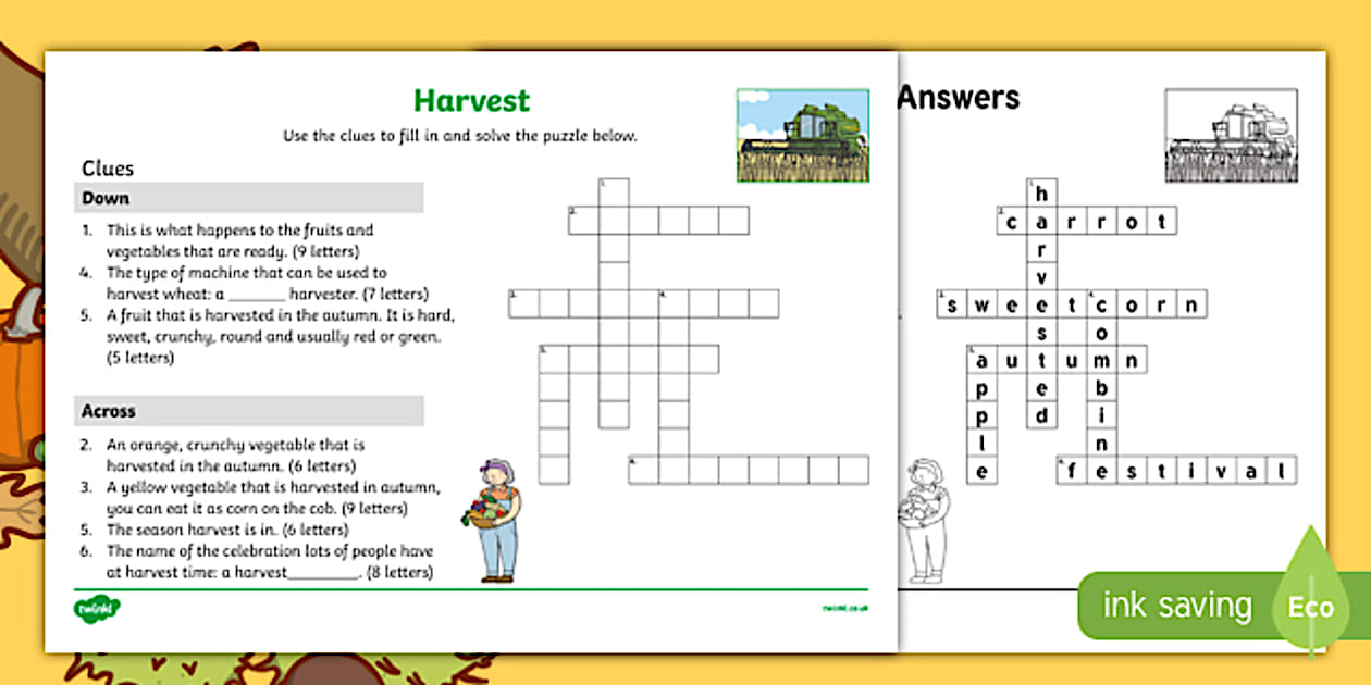 KS1 Harvest Crossword Worksheet (teacher made) Twinkl
