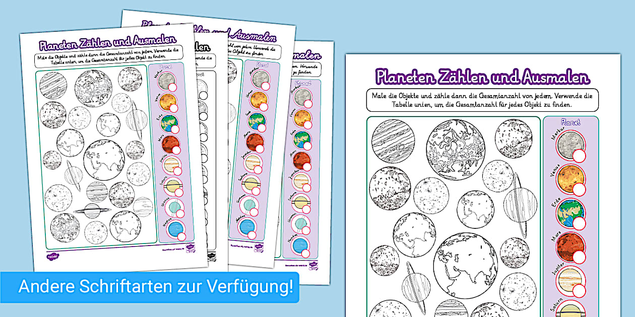 Planeten - Zählen und Ausmalen Arbeitsblatt (teacher made)