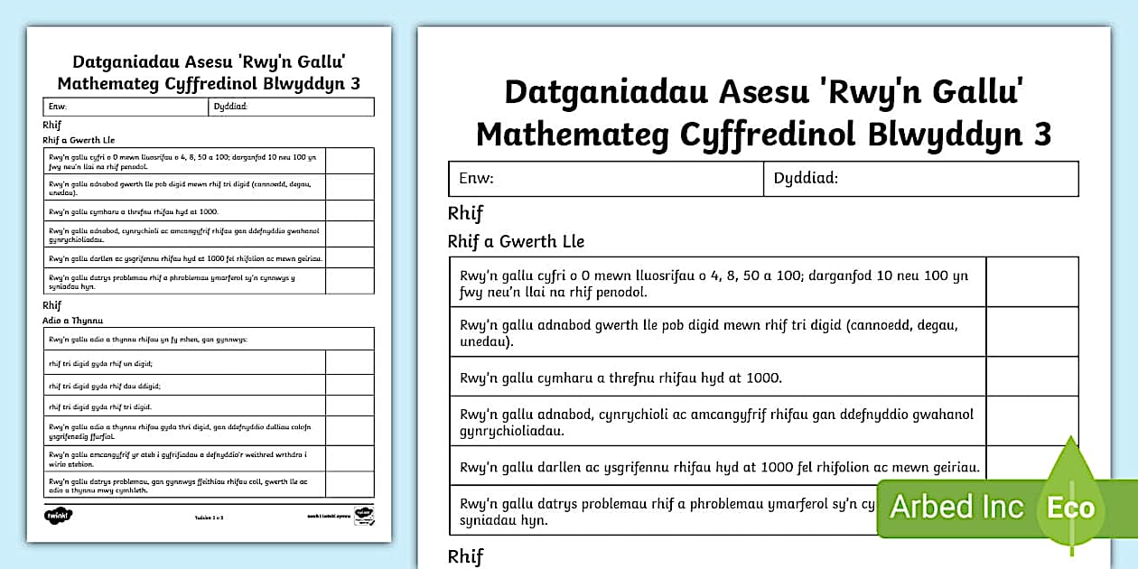 Mathamatig Datganiadau 'Rwy'n Gallu' Mathemateg Cyffredinol Blwyddyn 3