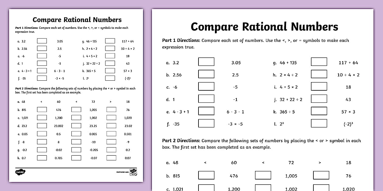 Sixth Grade Compare Rational Numbers Practice (teacher made)