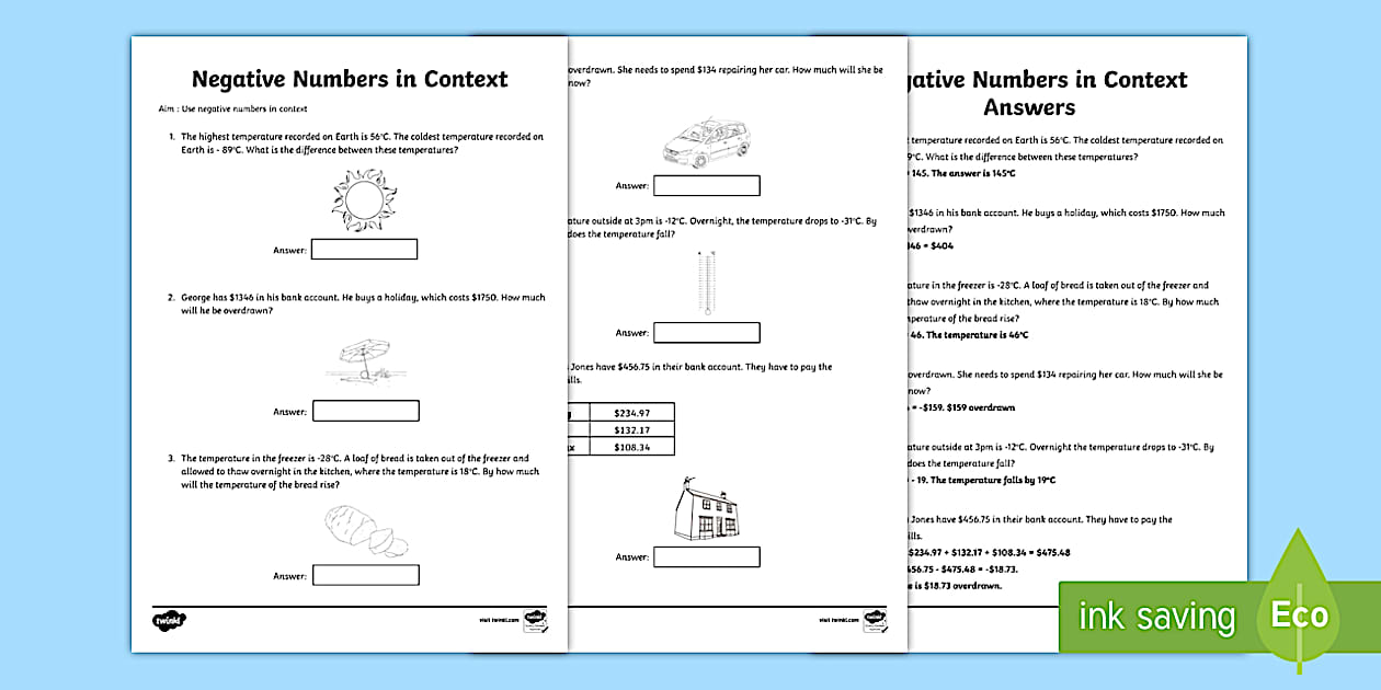 Minus numbers worksheet | Word problems | Years 5 and 6