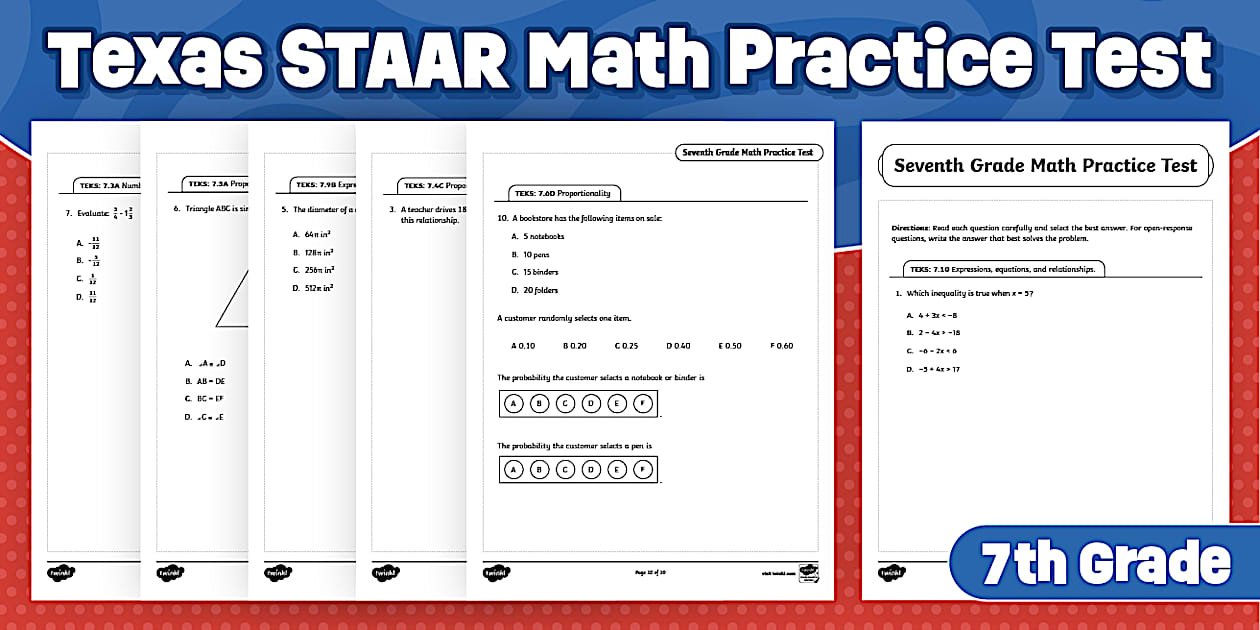 Seventh Grade Math Practice Test| Texas STAAR Test Prep