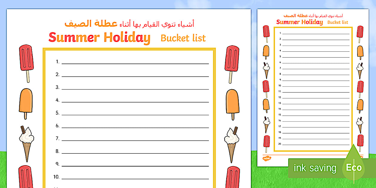 Bucket Arab Summer Holiday Bucket List Arabic/English - EAL Summer Holiday Bucket List