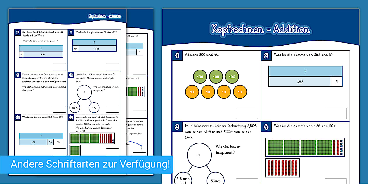 Kopfrechnen: Addition - Arbeitsblätter (teacher made)