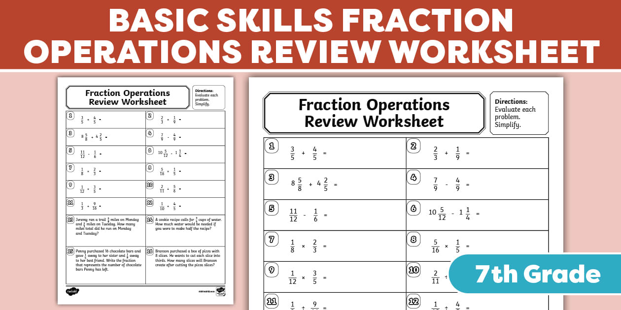 Math Basic Skills Fraction Operations Review Worksheet