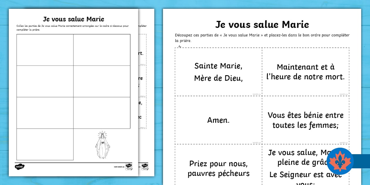The Hail Mary Sequencing Worksheet French (teacher made)