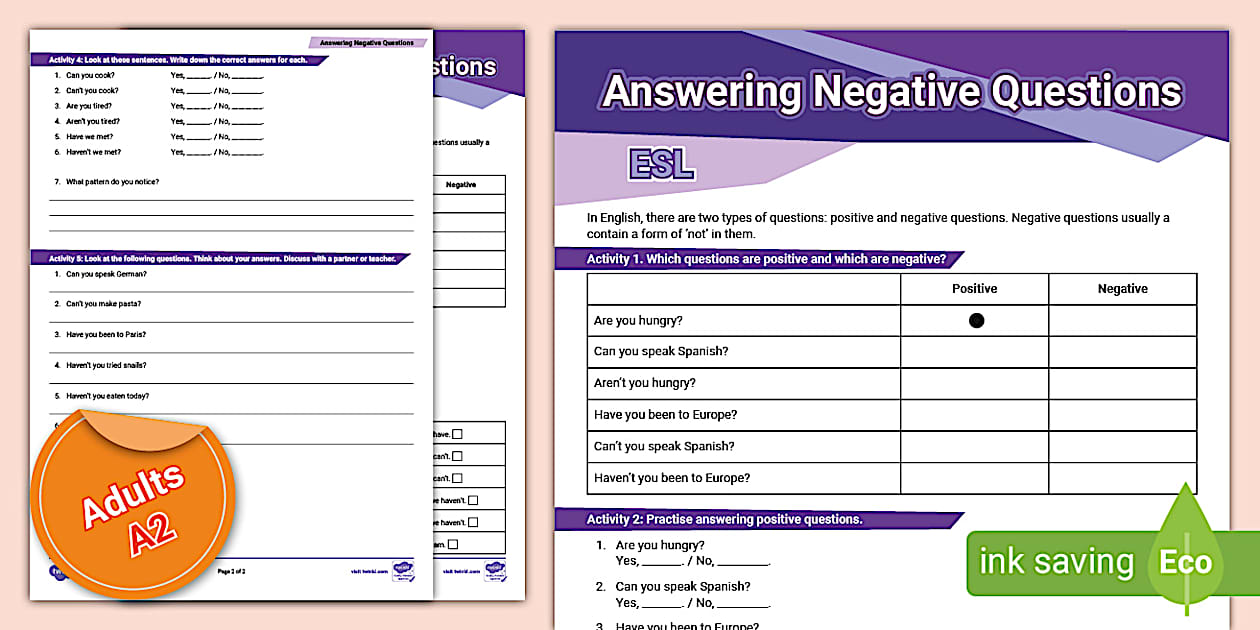 ESL Grammar Sheet: Answering Negative Questions [Adults, A2]