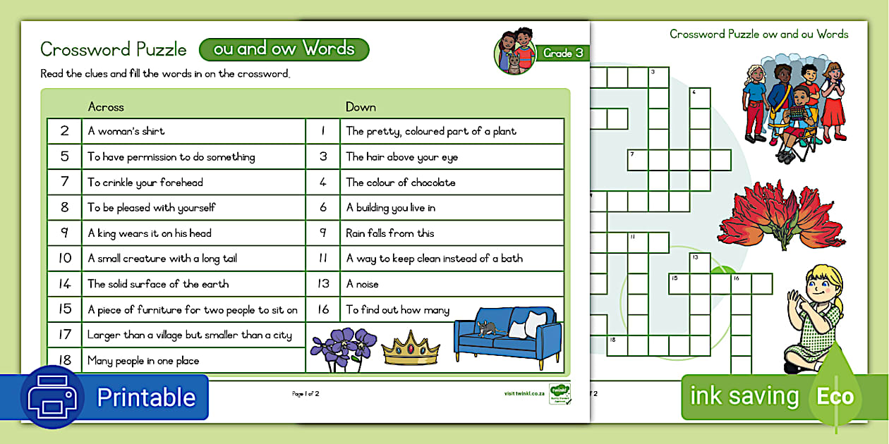 Grade 3 Phonics Crossword Puzzle ow ou (teacher made)