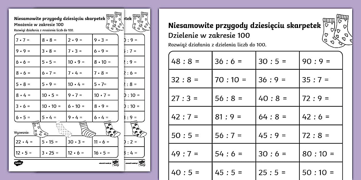 Mnożenie I Dzielenie Do 100 Kartkówka Mnożenie i dzielenie do 100 | Niesamowite przygody 10 skarpet