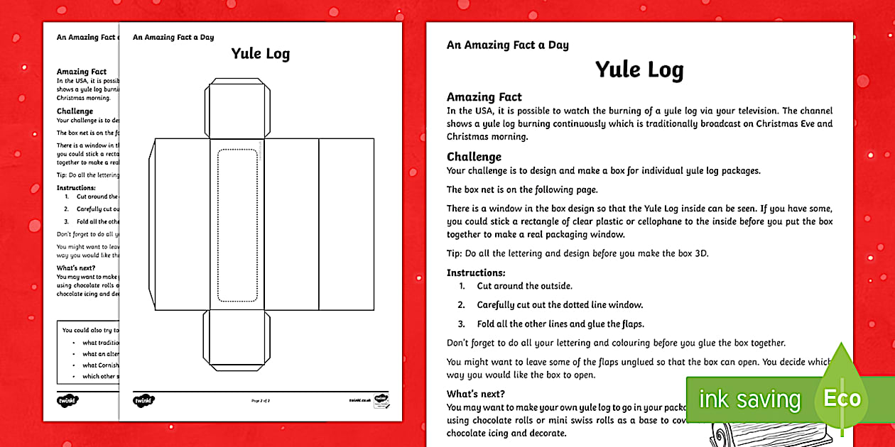 Yule Log Activity Amazing Fact a Day Day 13 - Yule Log Worksheet - Twinkl