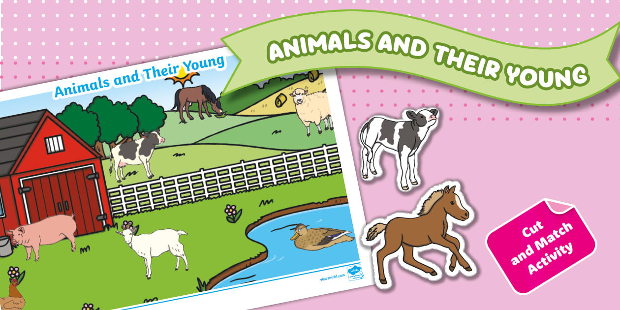 Farm Spring Scene: Animals and Their Young Cutting Activity