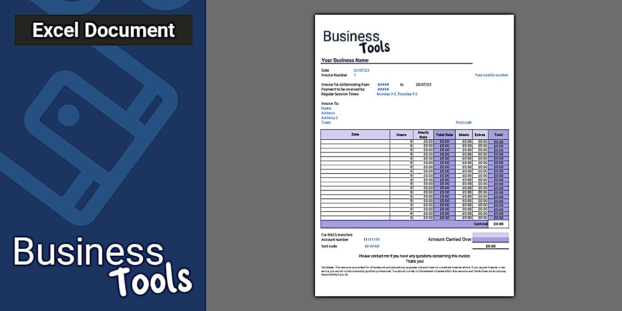 Childminding Invoice Spreadsheet Template (inc Hourly Rate)
