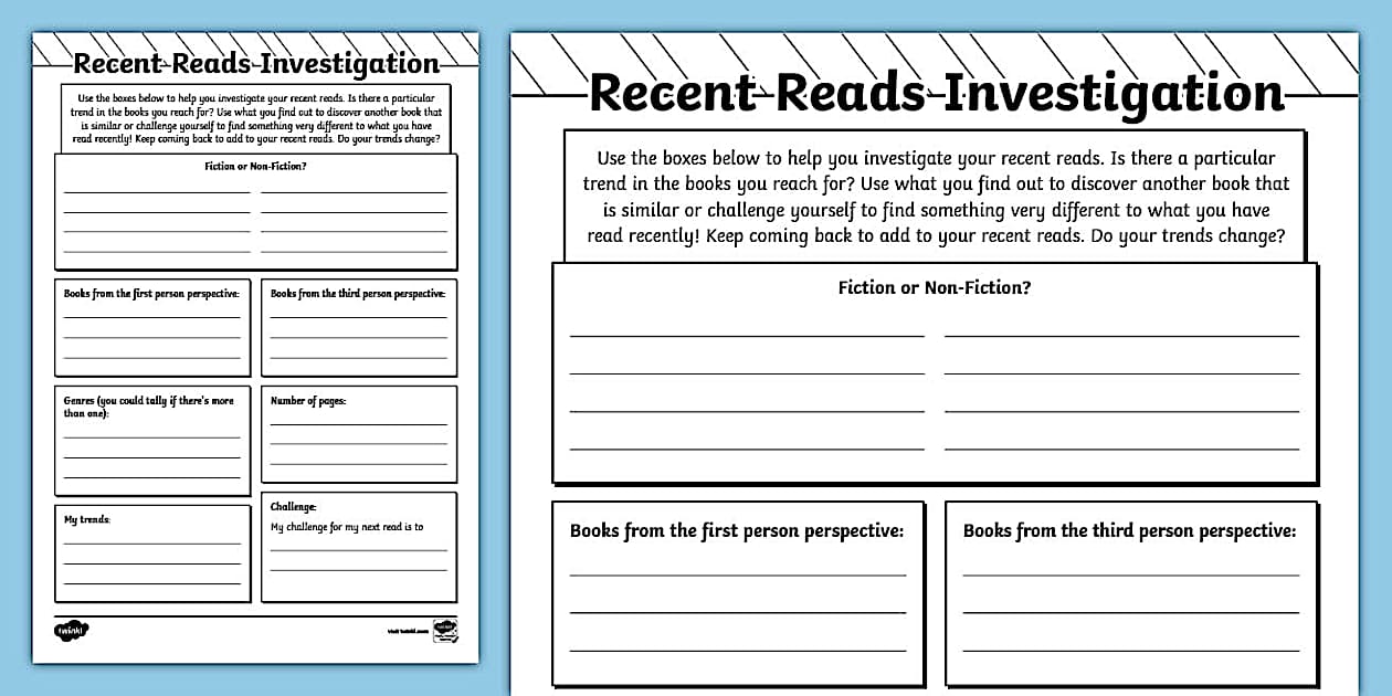 Reading Investigation Worksheet (teacher made) - Twinkl