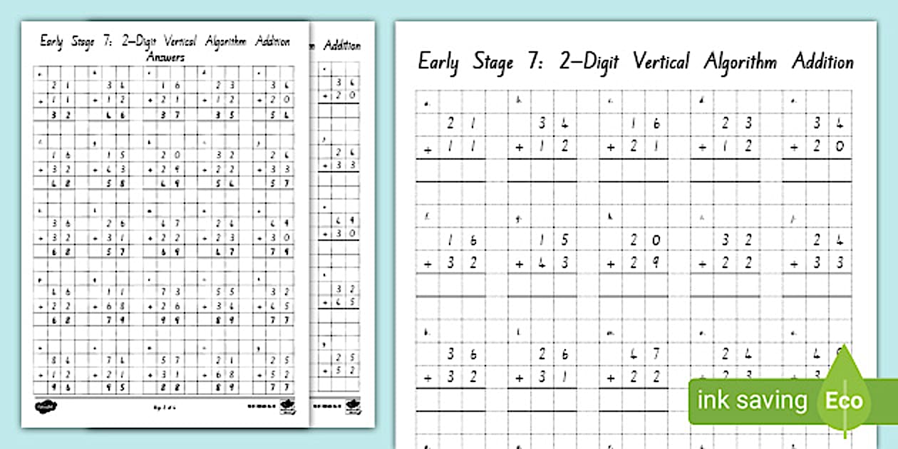 Early Stage 7 (Phase 2): 2-Digit Vertical Algorithm Addition Worksheets