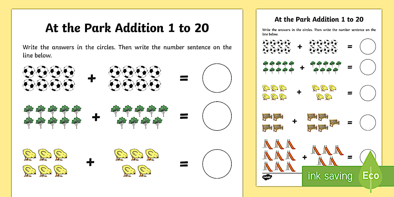 Black and White At the Park Themed Addition Sheet 1-20