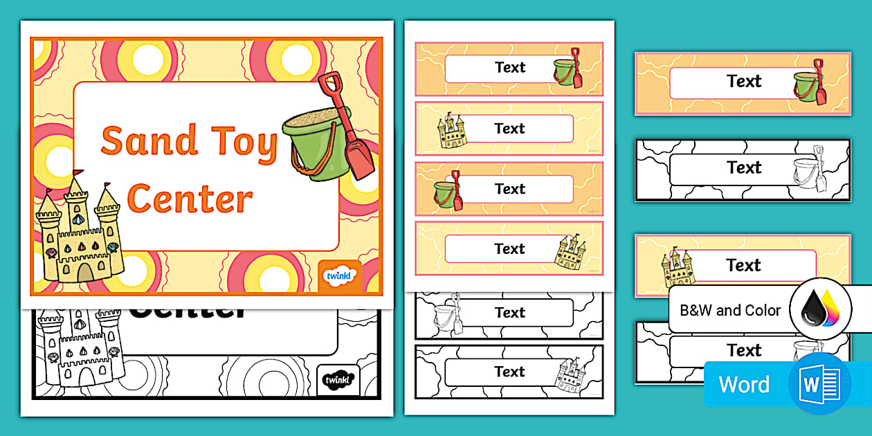 Editable Sand Toy Center Sign and Supplies Labels