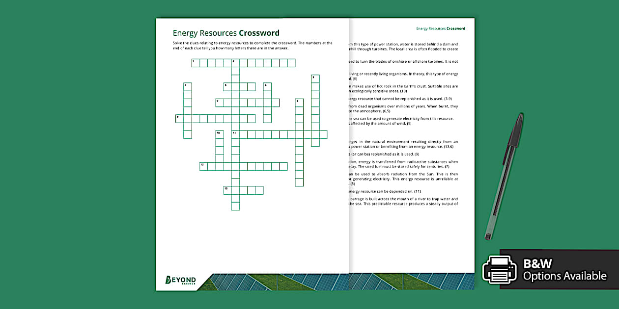 Energy Resources Crossword (teacher made) Twinkl