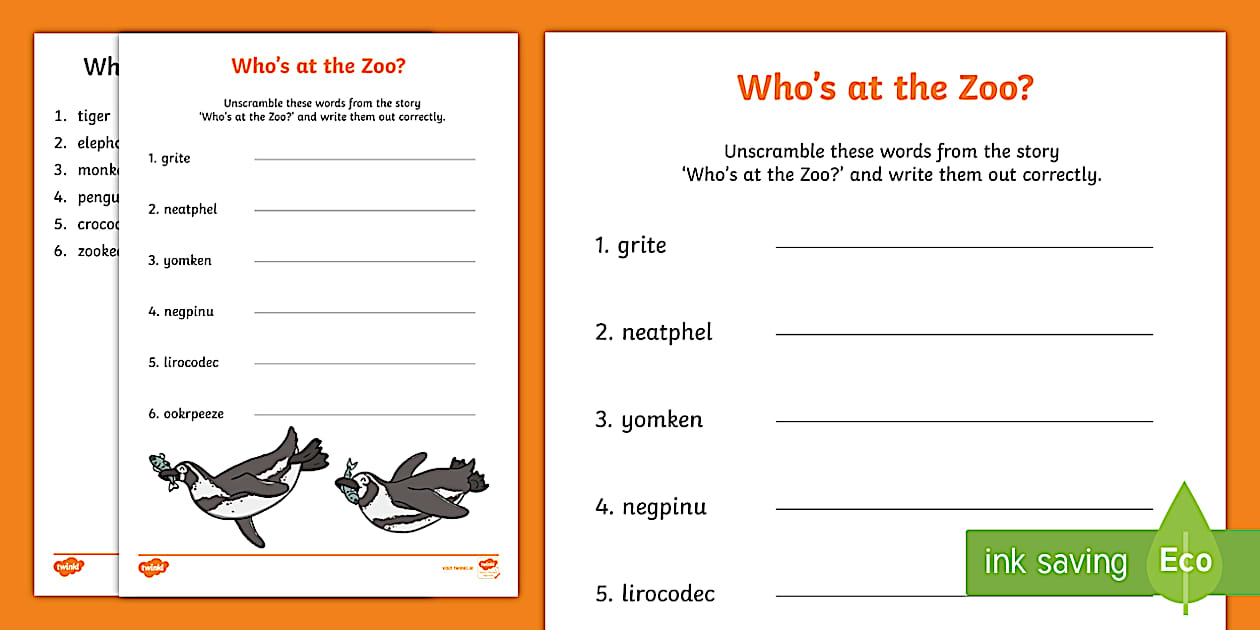 Black and White Who #39 s at the Zoo? Word Scramble Worksheet