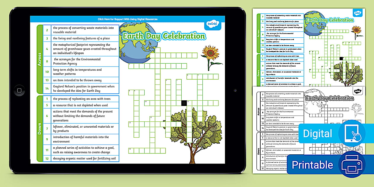 Earth Day Celebration Crossword for 6th 8th Grade Twinkl