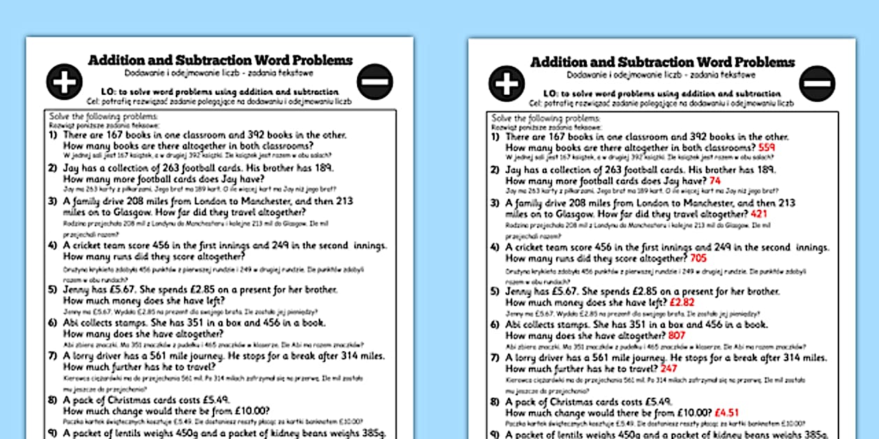 Addition and Subtraction Word Problems Worksheet Year 3 Romanian ...