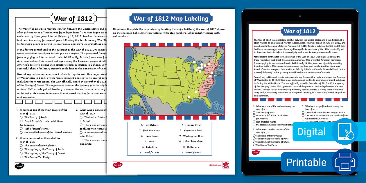War of 1812 Map Worksheet Activity History Twinkl USA