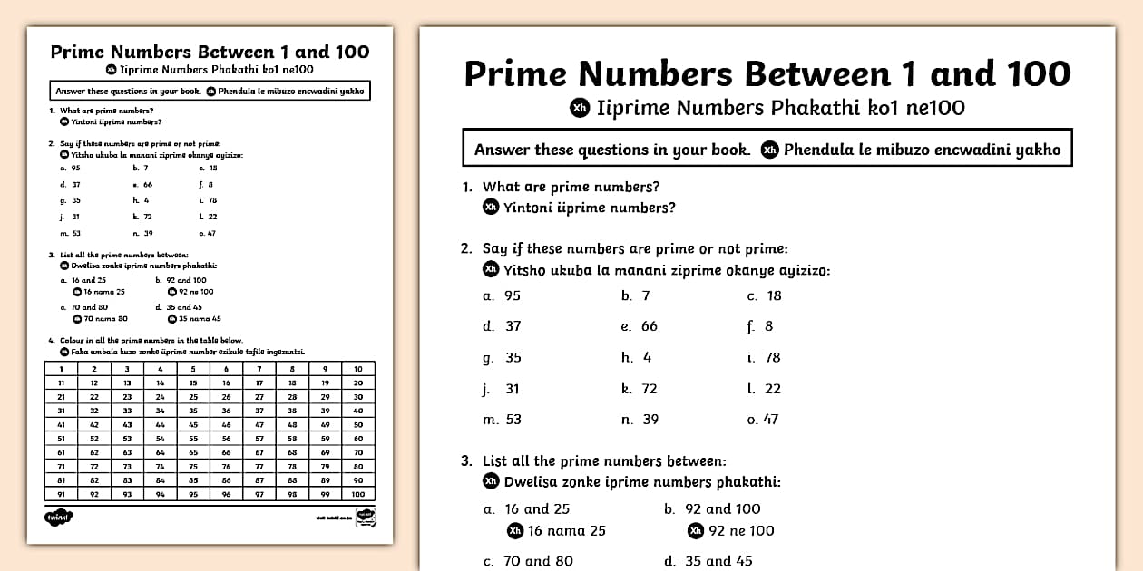 Prime Numbers between 10 and 100 Activity Sheet IsiXhosa