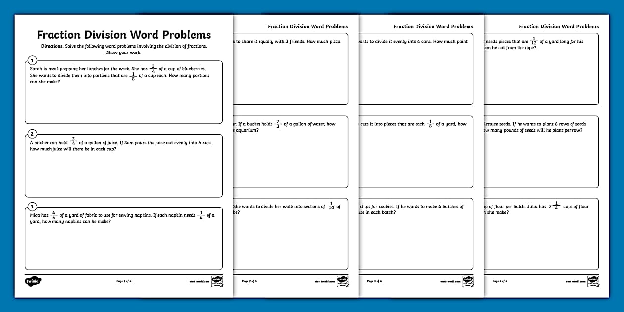 Fifth Grade Fraction Division Word Problems Worksheet