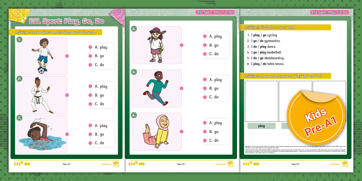 ESL Sport Play, Go, Do Activity Sheet (teacher made)