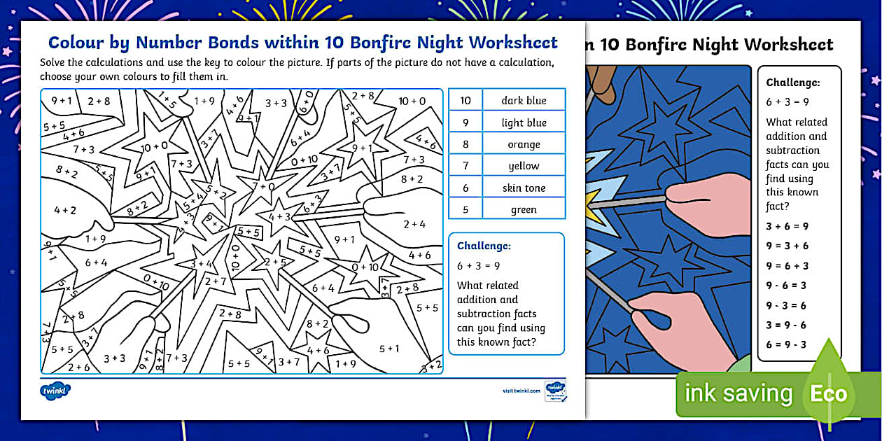 👉 Colour by Number Bonds within 10 Bonfire Night Worksheet