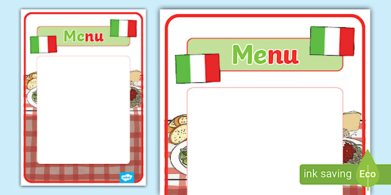 Editable Italian Restaurant Role Play Menu Writing Frame