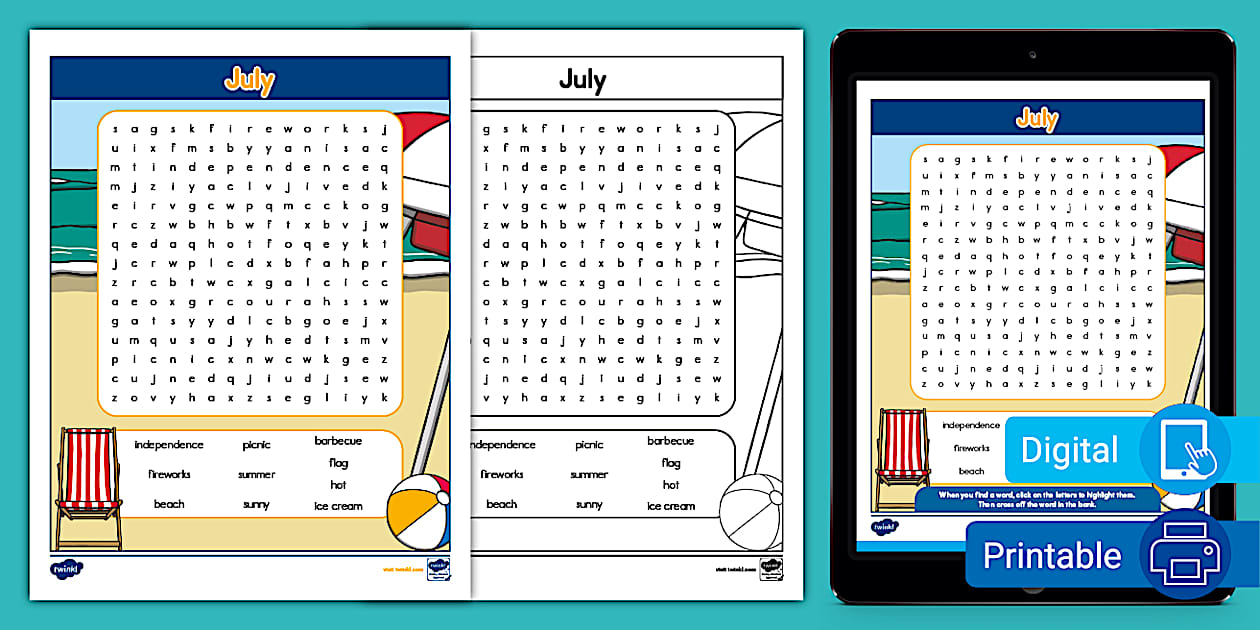 July Word Search for K-2nd Grade