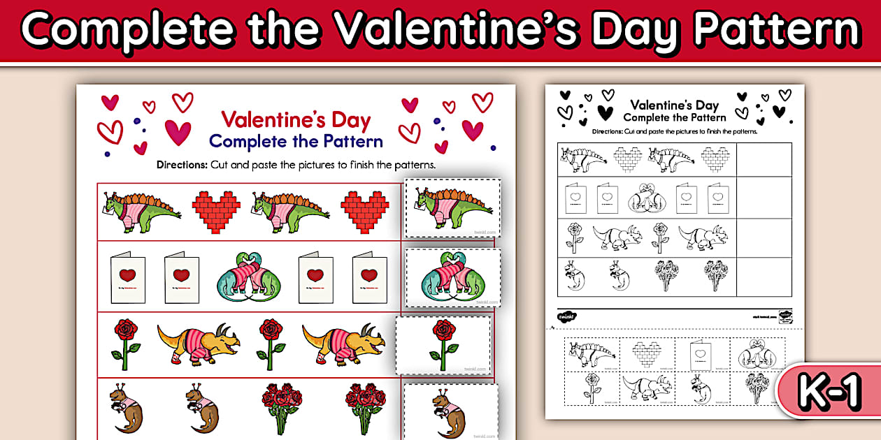 Valentine´s Day Complete the Pattern Cut and Paste Worksheet