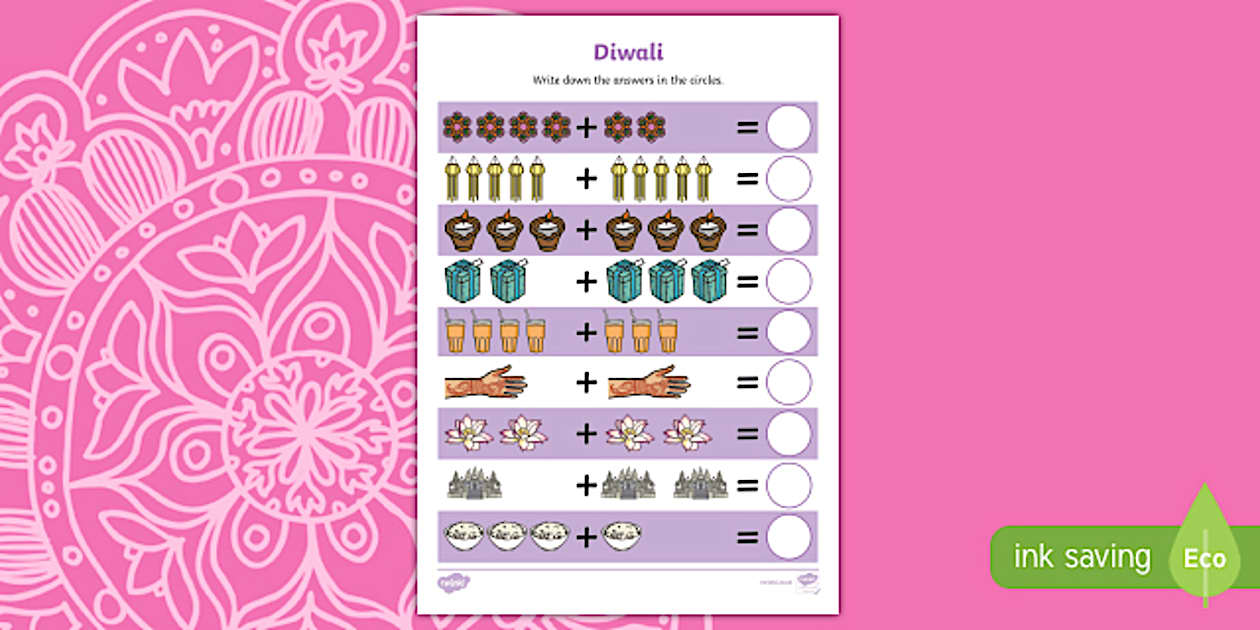 Black and White Diwali Up to 10 Addition Sheet - Twinkl