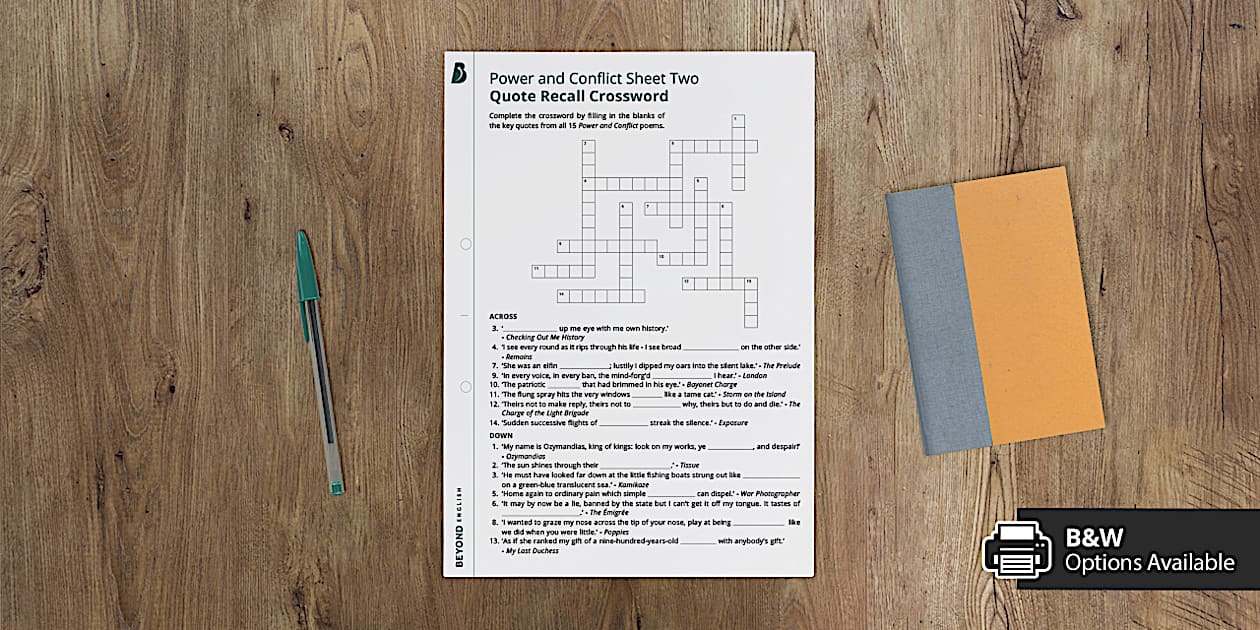 Power and Conflict Quote Recall Crossword Two (teacher made)