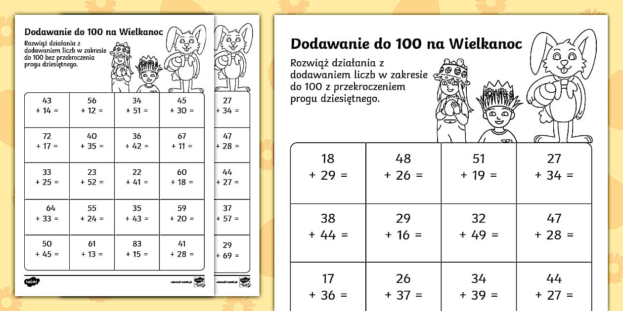 Dodawanie do 100 | Wielkanoc | Karta pracy (teacher made)