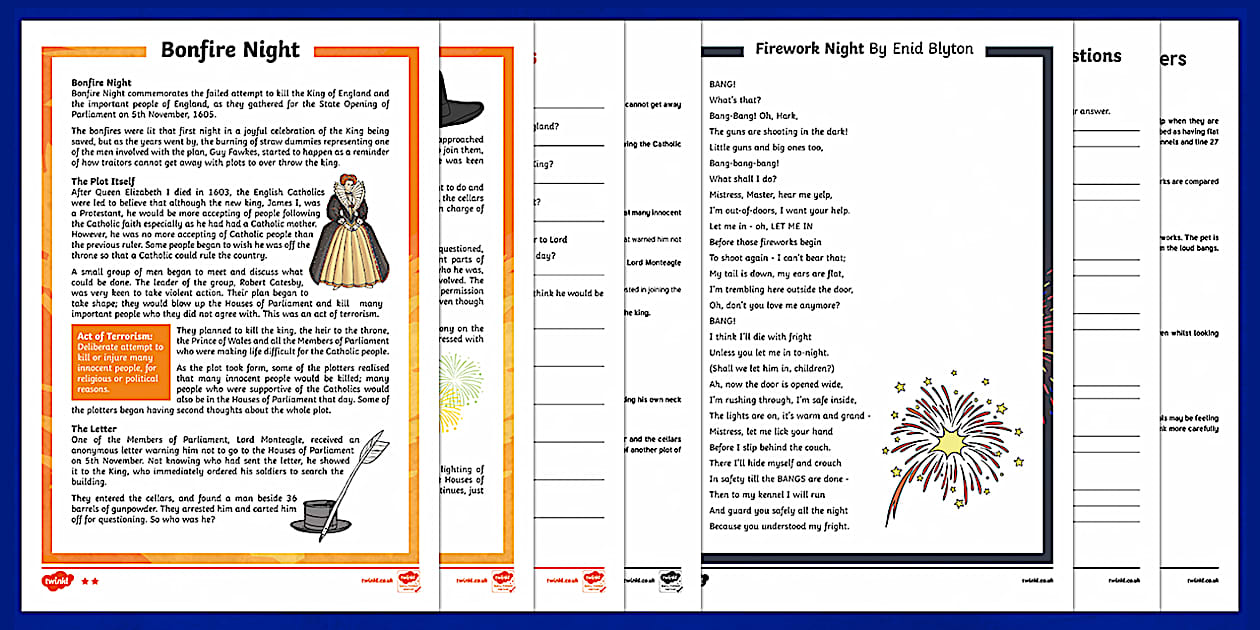 KS2 Bonfire Night Differentiated Reading Comprehension Activity Pack