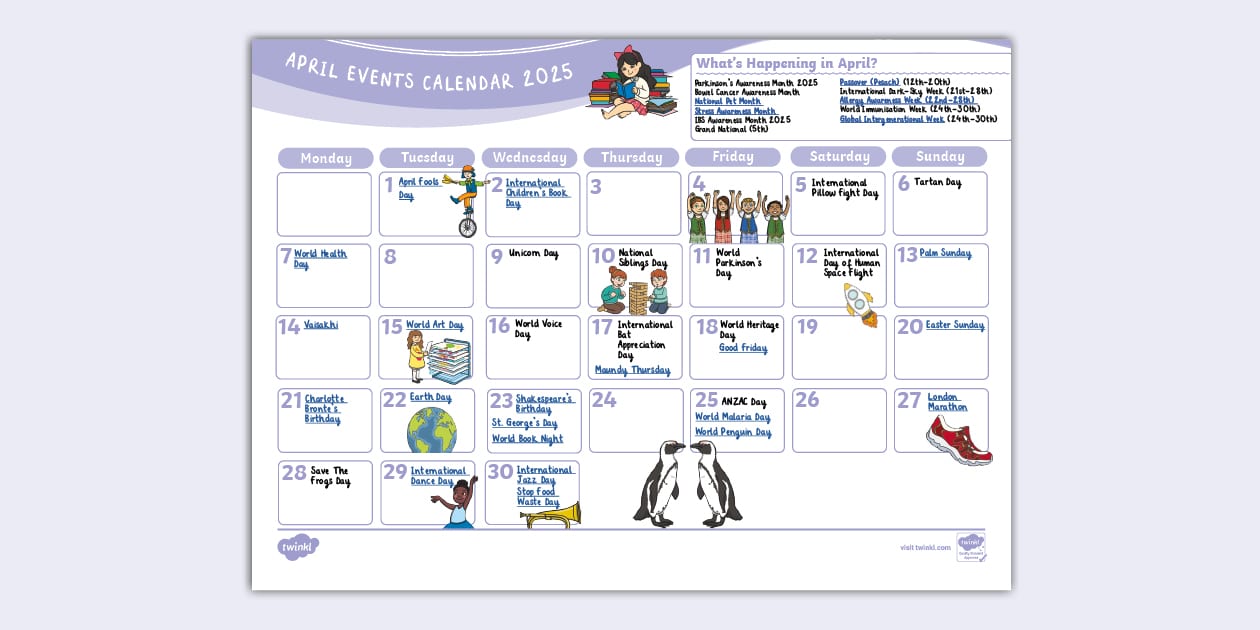 April Events Calendar 2025 (teacher made) Twinkl