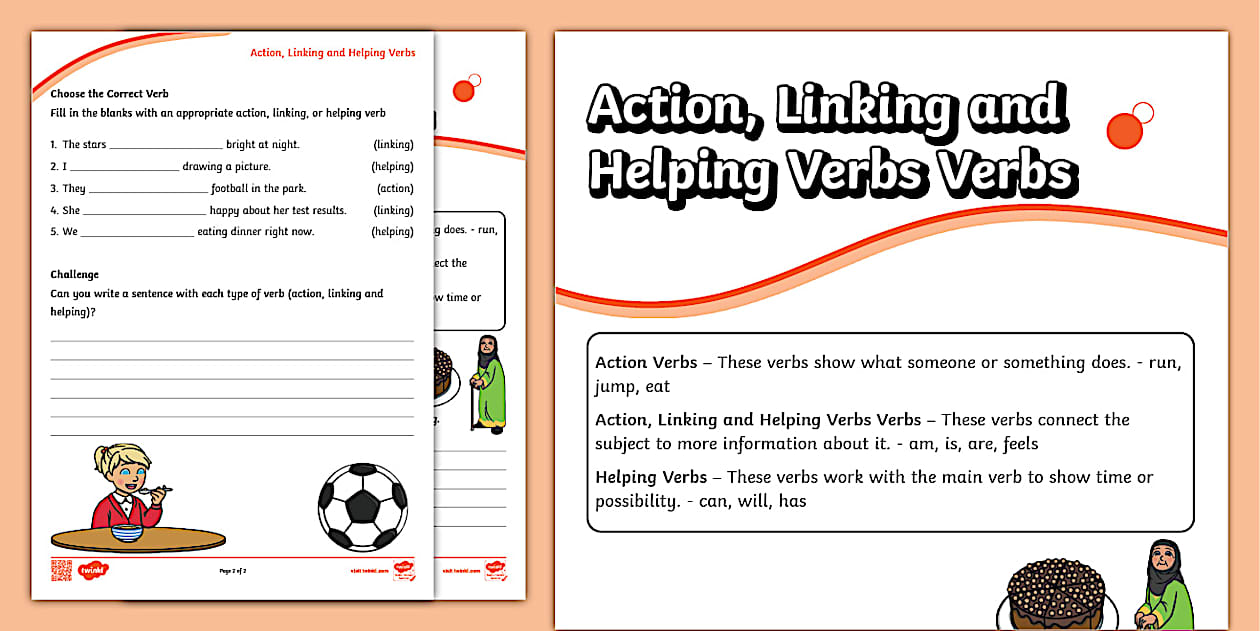 Action, Linking and Helping Verbs Activity Sheet Twinkl